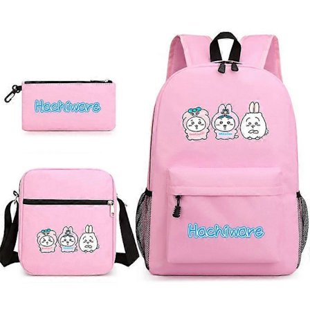 Chiikawa Jiyikawa Skolväska i tre delar för pojkar och flickor, pennfodral i campusstil, stor canvasväska i tre delar Rosa~1