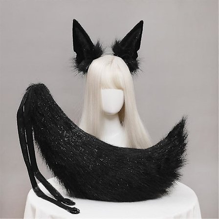 Plysj Sjakal Katteører Hodebånd Og Hale Sett - Lolita Cosplay Tilbehør Ren Svart