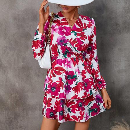 Damer Med Blommigt Print Miniklänningar V-ringad Kort Klänning