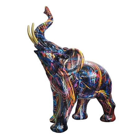 Målad Graffiti Elefant Skulptur Resin Djurstaty Dekoration C