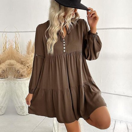 Dam V-ringad Långärmad Grön Snörning Tidig Höst Lös Klänning För Damer Enfärgad Chic