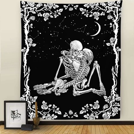Kranietæppe, De kyssende elskere Sort og hvidt vægtæpper, Måne og stjernehimmel Blomstertapet, Tarot-tapet Menneskeligt skelet Vægophæng til 