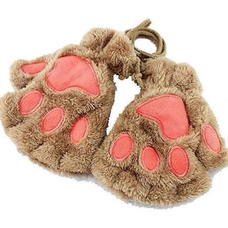 Vinterplysjhansker uten fingre i katteklo-bjørnelabbform, 1 par