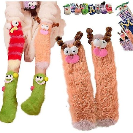 Varme, koselige og fluffy tegneseriemonster-sokker, korallfløyel tredimensjonale rare sokker, plysjmonster-sokker julestrømpe