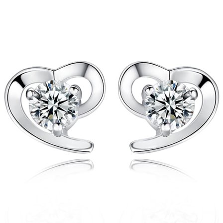 Hjärtformade örhängen i silver med kristallhjärta, allergivänliga, små örhängen med skruvbak, cubic zirconia, present till kvinnor och flickor (silver