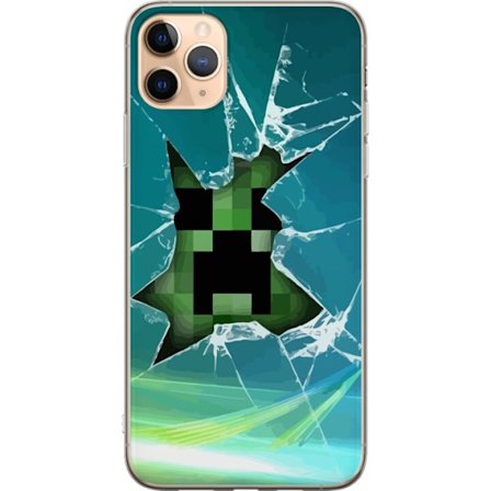 Kompatibelt Mobilskal till Apple Apple iPhone 11 Pro Max Minecraft Creeper genom krossat glas med dramatisk explosionseffekt där ikoniska Creeper bry