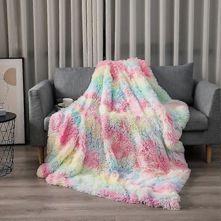 Sød plaid, 160x200cm regnbue plaid, blød, fluffy og varm imiteret pels vendbar plaid sofa plaid stue plaid, 200*230cm