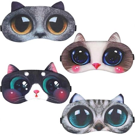 4-pack Sovmask, Djur Sovmask Mjuk och Fluffig Ögonmask för Sömn Ögonlapp Vila Nattmask, Sovmask för Flickor, Kvinnor (Söt Katt 4 st) - SFYG