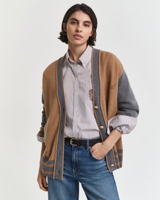GANT - GANT Varsity v-hals cardigan i ullblanding til dame whiskey brown