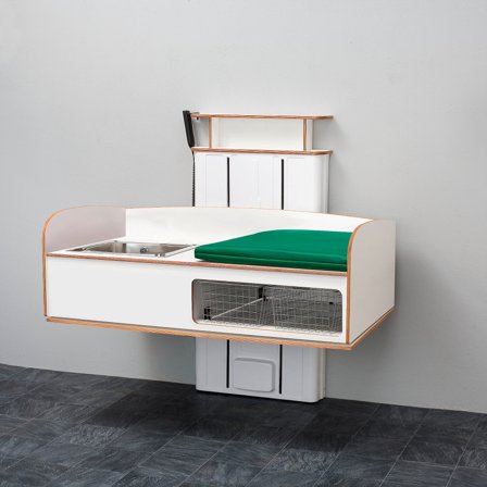 Höhenverstellbarer Wickeltisch NEIL, wandhängend, inkl. L/H-Spülbecken, 1200x800 mm