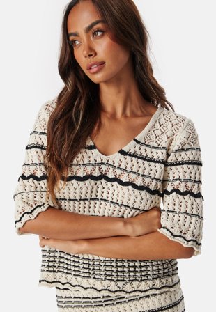 VERO MODA - Vmminou 2-way 2/4 V-BACK PULLO - Birch Detail:w. Black - Kläder - - Bubbleroom