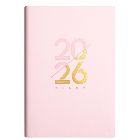 A5-planerare, 2026-kalender, engelsk planerare, 156 sidor, en sida per dag, guldfolieomslag (rosa)