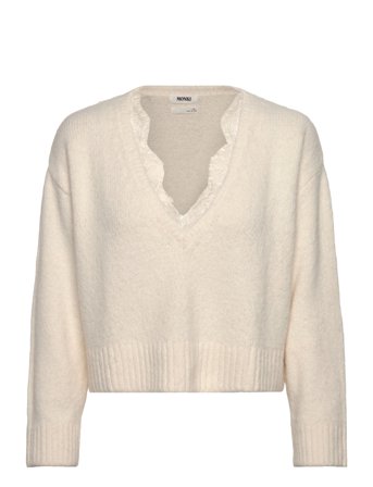 Monki Lace-Trimmed V-Neck Sweater - Cream - XL