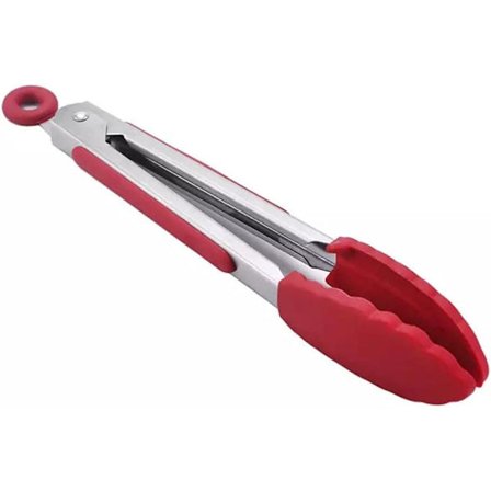 Cuisine Kitchen Tongs Silikon Tongs Varmebestandig Håndtak med Enkelt Grep Sklisikker Smart Låsing Rustfritt Stål Matlagingstenger (Rød) 7 Tommer