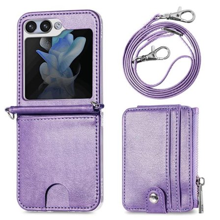 Samsung Galaxy Z Flip 5 - Plånboksfodral i Retrostil av PU-Läder med Korthållare och Halskedja