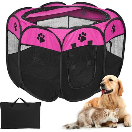 Hopfällbar hundhage med tält, 8-panelers nätskydd, mjuk Oxford lekhage kennel för hund, katt, kanin inomhus/utomhus (S(28,5" x 28,5" x 16"), Rosa)