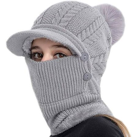 3 i 1 Damehue Hat Halstørkl Sæt Vinter Strikhue Med Visir Og Aftagelig Maske Dame Strik Cykling Ski Hat Hue(grå)