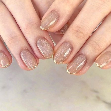 24 stk. korte falske negle, runde blanke tryk på negle franske spidser guld glitter akryl falske negle, genanvendelige kunstige fuld dækning stick på 