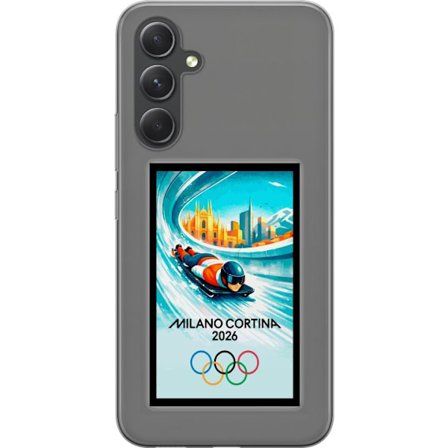 Kompatibelt Mobildeksel til Samsung Galaxy A55 Dynamisk bobslede eller skeletonkjører i iskanal med Milano Cortina 2026, bysilhuett og olympiske ringe