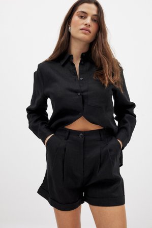 NA-KD Classic Linen Folded Shorts - Sommersæt - Sort - EU 40