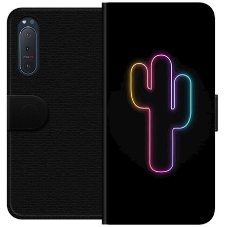 Yhteensopiva Lompakkokotelo Sony Sony Xperia 5 II Neonpiirros kaktuksista vaaleanpunaisessa ja sinisessä valossa tummaa taustaa vasten