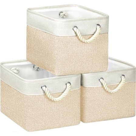 Foldbare opbevaringskasser med hamphåndtag 3 stk. (33 x 33 x 33 cm), linned opbevaringskasser, opbevaringskurv til tøj, garderobeskabe, hylder, 