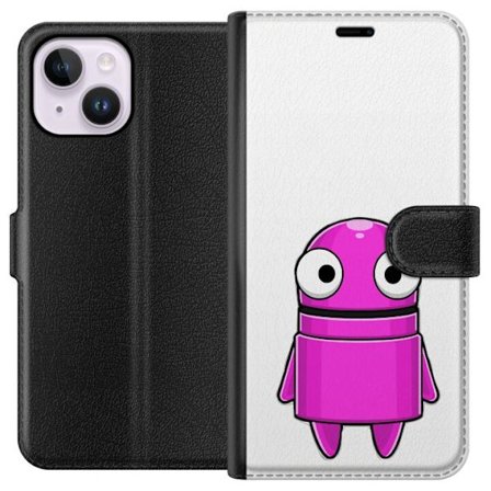 Kompatibelt Lommeboketui til Apple Apple iPhone 14 Plus Rosa tegneseriefigur med rund form og store øyne på mørk bakgrunn