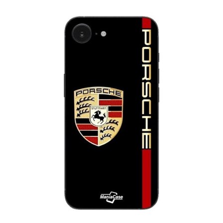 Coque Maniacase För Iphone 16E PORSCHE logotyp röd och guld på svart bakgrund