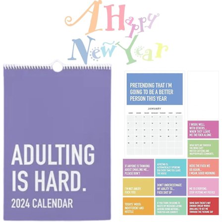 Aikuistuminen on vaikeaa 2024 kalenteri, kuukausittainen seinäkalenterisuunnittelija, päivittäinen ruudukko henkilökohtaiset muistilaput kalenteri, 