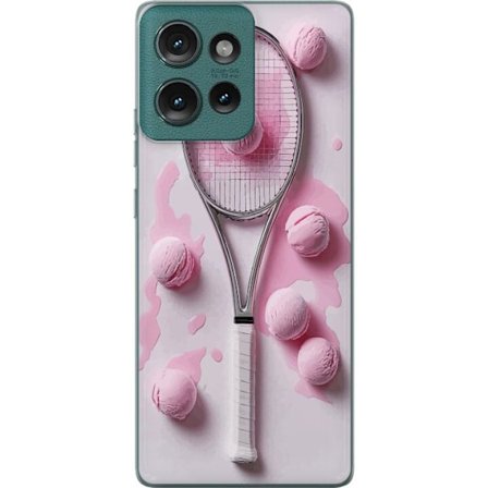 Kompatibel Mobilcover til Motorola Motorola Edge 50 Rosa glaskugler og tennisketsjer i et kreativt stillbillede med legende popfølelse og moderne des