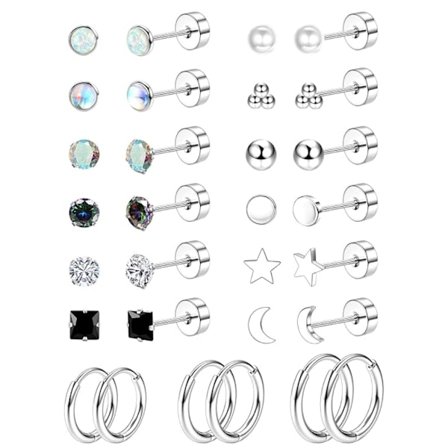 15 stk. Hypoallergeniske Flade Bagside Øreringe til Kvinder Mænd Kirurgisk Rustfrit Stål Øreringe til Følsomme Ører Små Stift Øreringe Sølv