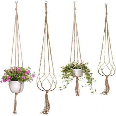 4-delt rustikk naturjute vevd plantehengekurv med elegant og chic fôr (2 stk 90 cm + 2 stk 105 cm)