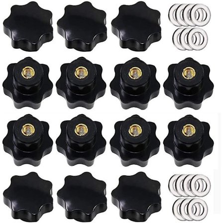 14 stk. M8 riflet gevindklemmegreb, stjernegreb, stjerneformede håndgreb, sorte plast klemmegreb med skiver