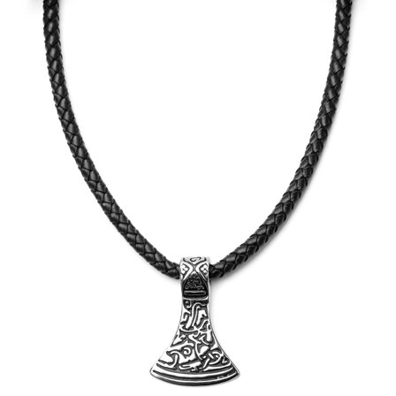 Collana con rune incise su pendente argentato e cordino in pelle marrone per uomini - Collane con Martello di Thor
