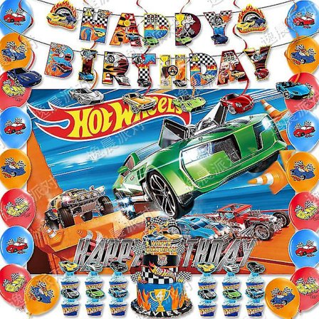 Hot Wheel Fødselsdagsfest Dekorationer Balloner Træk Flag Kage Festartikler