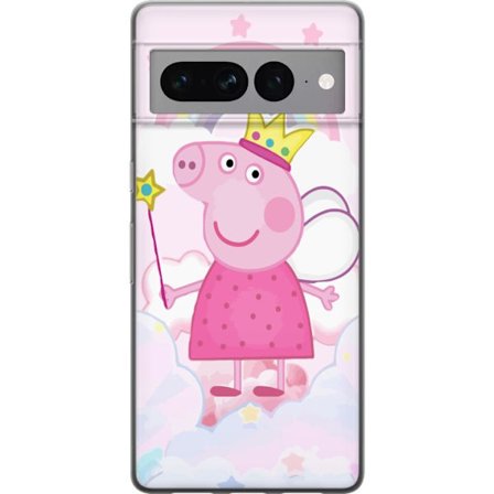 Yhteensopiva Puhelinkuori Google Pixel 7 Pro Peppa Pig prinsessamotiivi kruunulla, siivillä ja sateenkaarella, satumainen lasten kuvitus pilvitaustal