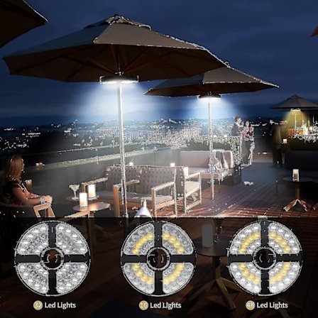 48 LED genopladelige parasol-lys - 3 lystilstande - 72 timers trådløs LED-paraplylys