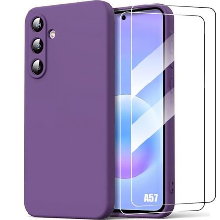 Cover til Samsung Galaxy A57 5G, Beskyttelse i Silikone Stødabsorberende Mørk Lilla - 2 Tempered Glass