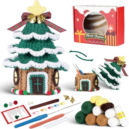 Jouluinen virkkaussetti aloittelijoille, joulukuusen virkkausneulesetti, virkkauslanka setti, hauska ja luova joululahja aikuisille ja lapsille