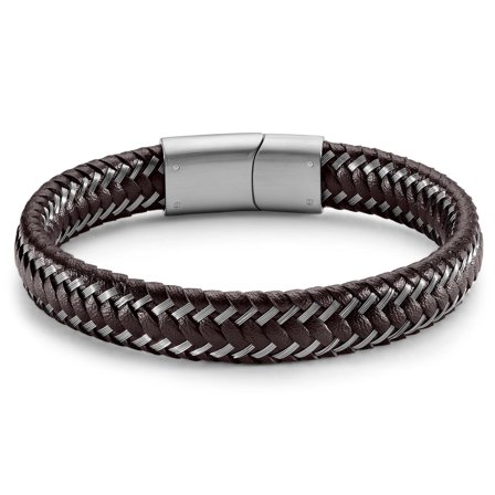Bracelet en cuir marron et acier tressé pour hommes - Bracelets en cuir
