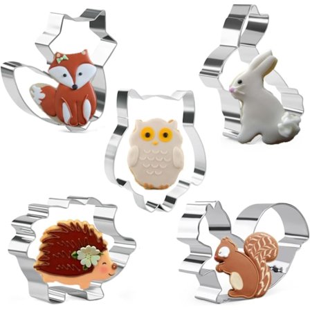 5-delt dyreformede kageforme til bagning - Kanin, Ugle, Ræv, Egern og Pindsvin, rustfrit stål, til kager/tærter