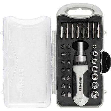 Graphite Spel av spetsar och precisionsspetsar med magnetisk ratchet-hållare 115 mm, 30 bitar.