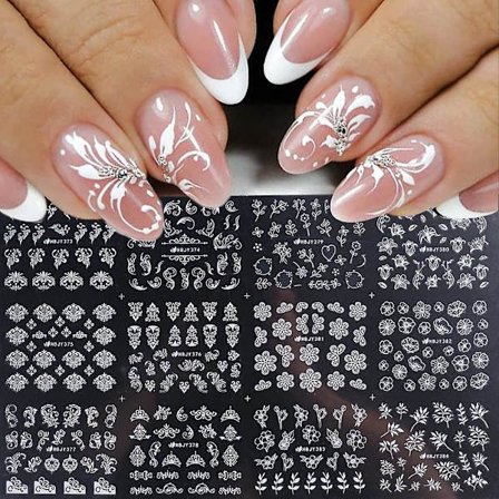 Flowers Nail Decals, 3d Self-adhesive White Floral Nail Art Stickers French Hollow Flower Leaf Nail Art Designs Manicure Tips Accessories Diy Nail Art