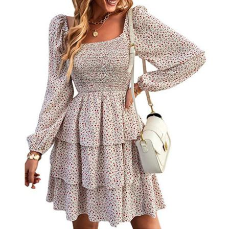 Kvinnor Veckade Miniklänningar Blommigt Printed Hög Midja Kort Klänning