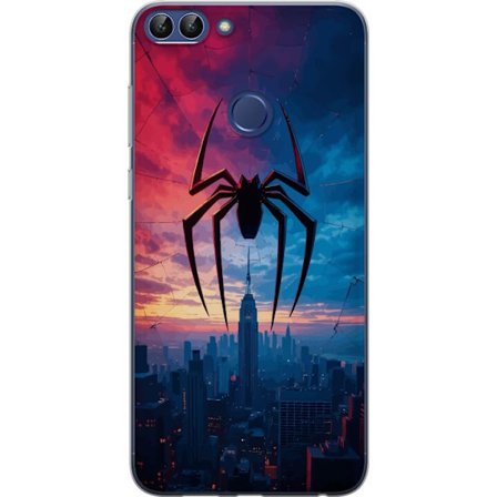 Yhteensopiva Puhelinkuori Huawei Huawei P smart Tyylikäs hämähäkki kaupungin horisontin yläpuolella dramaattisessa auringonlaskussa, graafinen fa