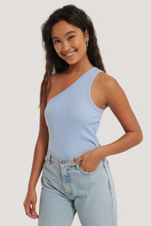 NA-KD Trend One Shoulder Ribbed Top - - Bleu - Small