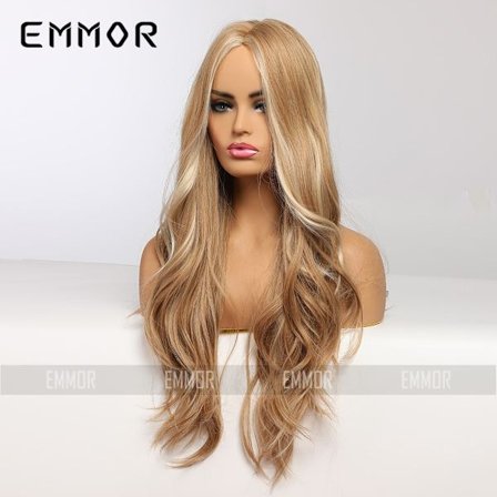 Gyllene höjdpunkter Långt lockigt hår Kemisk fiberperuk Damhuvudbonad