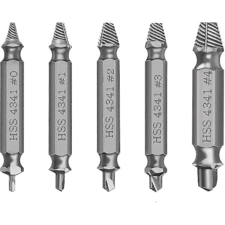 Skruutrekkersett, 5 stk. Skruutrekkerfjerner Ekstraktorsett for å fjerne lett skadde skruer, laget av HSS 4341 Hardhetsstål