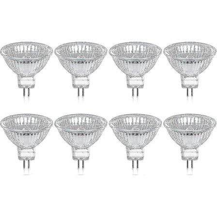 8-pakning med GU5.3 MR16 halogenpærer, 35 watt, 12 volt, dimbar - varmhvitt lys 2800K, 400 lumen, Boris glasskjerm.