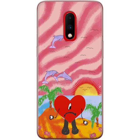 Kompatibelt Mobildeksel til OnePlus 7 Bad Bunny i en fargerik quiltet jakke med hjertemønster og solbriller i moderne gatestil